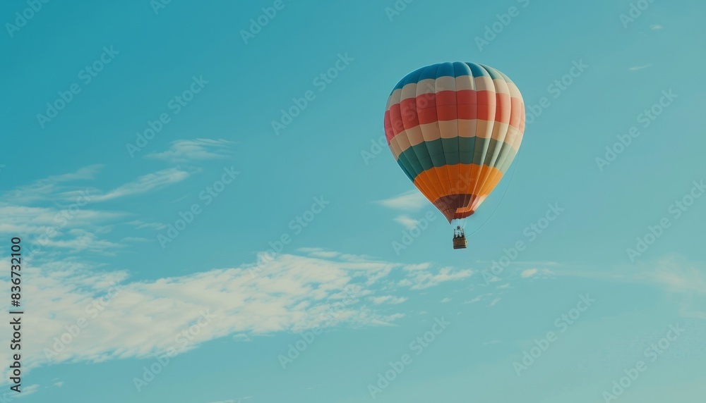Fototapeta premium Vibrant Journey: A Colorful Hot Air Balloon Soaring in the Blue Sky