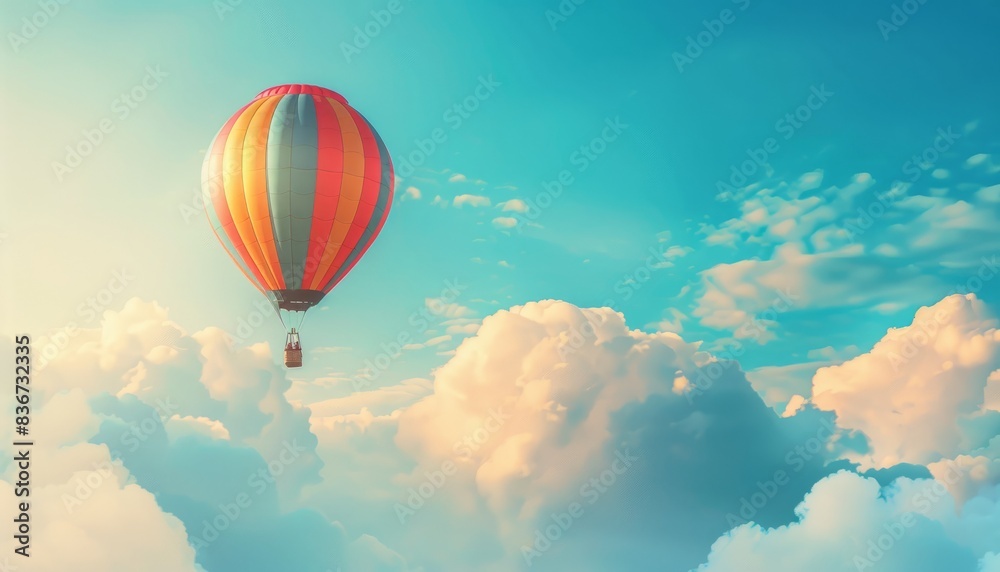 Fototapeta premium Up, Up and Away: A Vibrant Hot Air Balloon Soaring Through the Sky