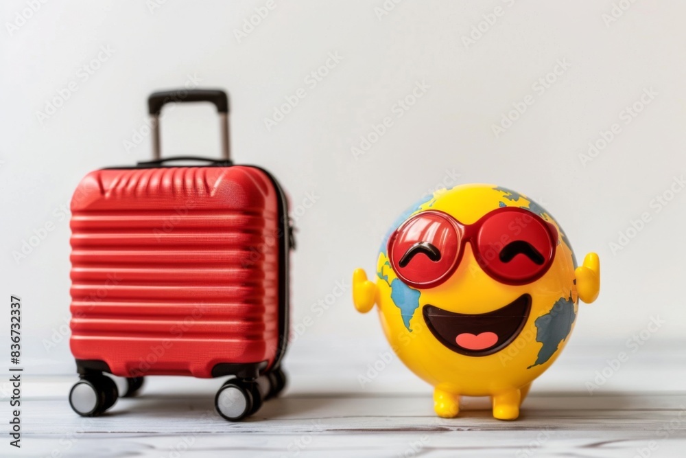 Globe emoji with sunglasses and suitcase on plain white background - journey - travel - leisure Globe emoji with sunglasses and suitcase on plain white background - journey - travel - leisure