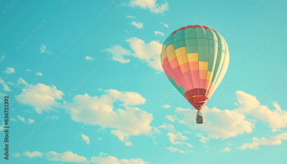 Naklejka premium Vibrant Hot Air Balloon Soaring Through the Azure Sky