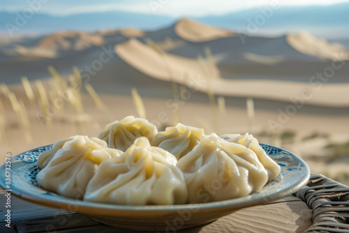 Traditional Mongolian Buuz Dumplings Arranged on Plate with Gobi Desert Dunes and Clear Blue Sky in Background photo