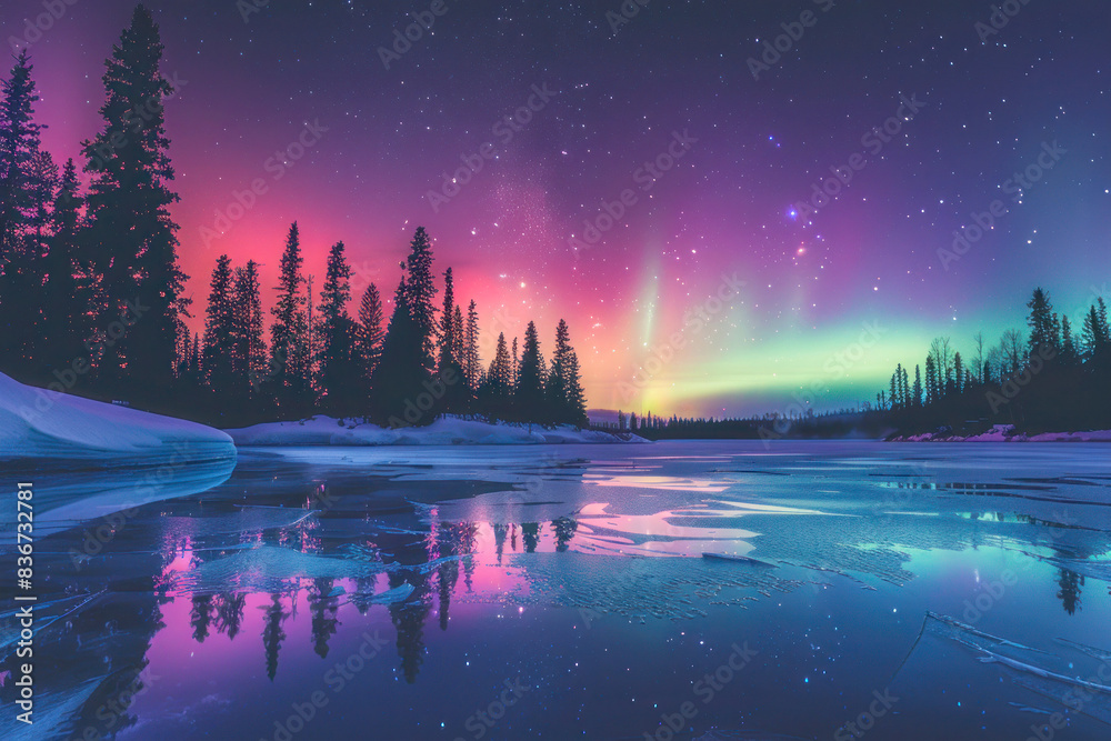 Fototapeta premium Scenic Northern Lights Over Snowy Landscape with Frozen Lake Reflecting Colorful Lights and Pine Trees Silhouettes
