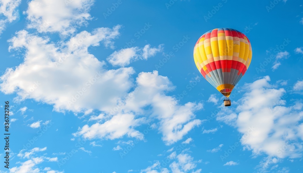 Vibrant Hot Air Balloon Soaring Through Blue Skies - AR 7:4 Vibrant Hot Air Balloon Soaring Through Blue Skies - AR 7:4