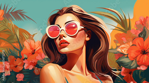 Summer vibes colorful illustration of a beautiful woman sunbathes in sun glasses on vacation 