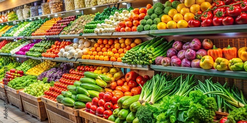 Fresh and colorful produce aisle filled with organic fruits and vegetables