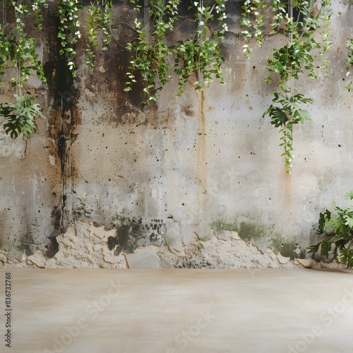 old grunge concrete wall with hanging plants, empty floor for product display photo