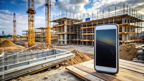 A cellphone lying on a construction site with digital work details displayed , construction, site, cellphone, technology, work, details, project, management, industry, development photo