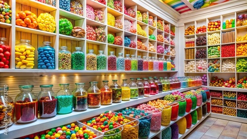 Interior of colorful candy shop with shelves full of sweets, including lollipops, gummy bears, chocolates, and jellybeans