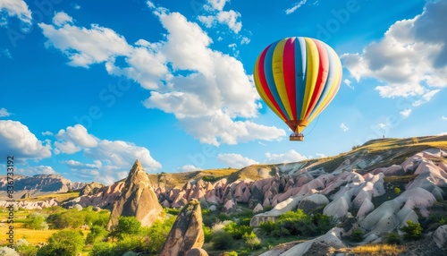 A Mesmerizing Sight: Vibrant Hot Air Balloon Soaring through the Skies of Cappadocia, Turkey