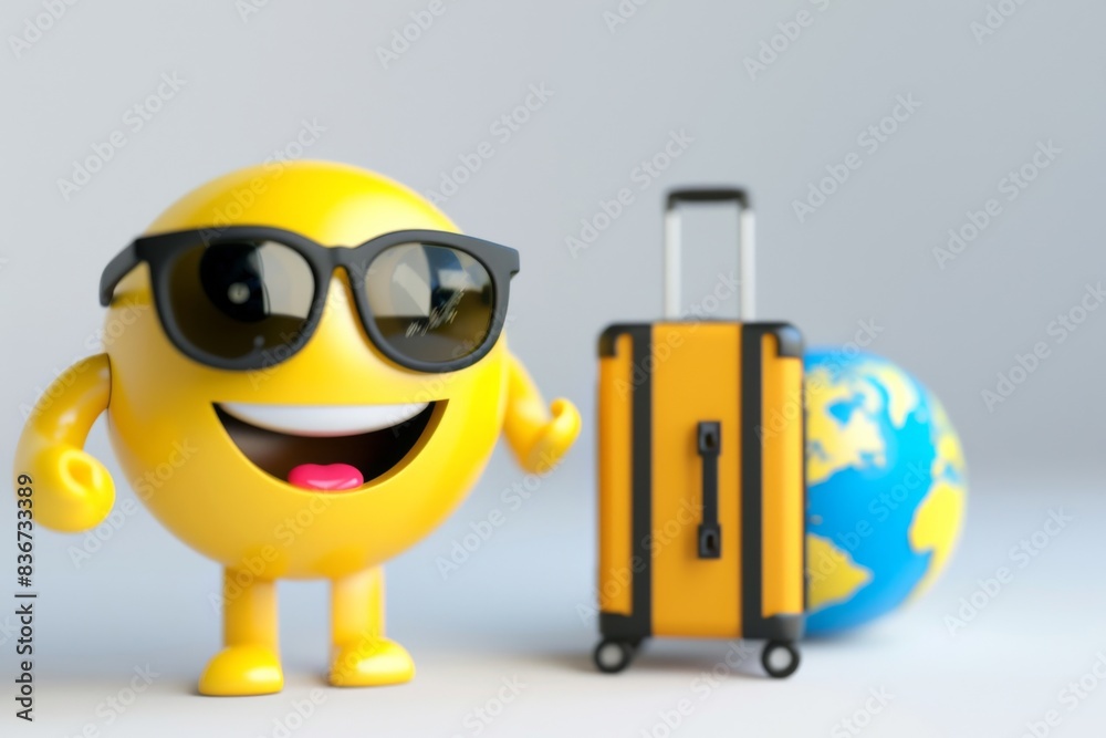 Globe emoji with sunglasses and suitcase on plain white background - journey - travel - leisure Globe emoji with sunglasses and suitcase on plain white background - journey - travel - leisure