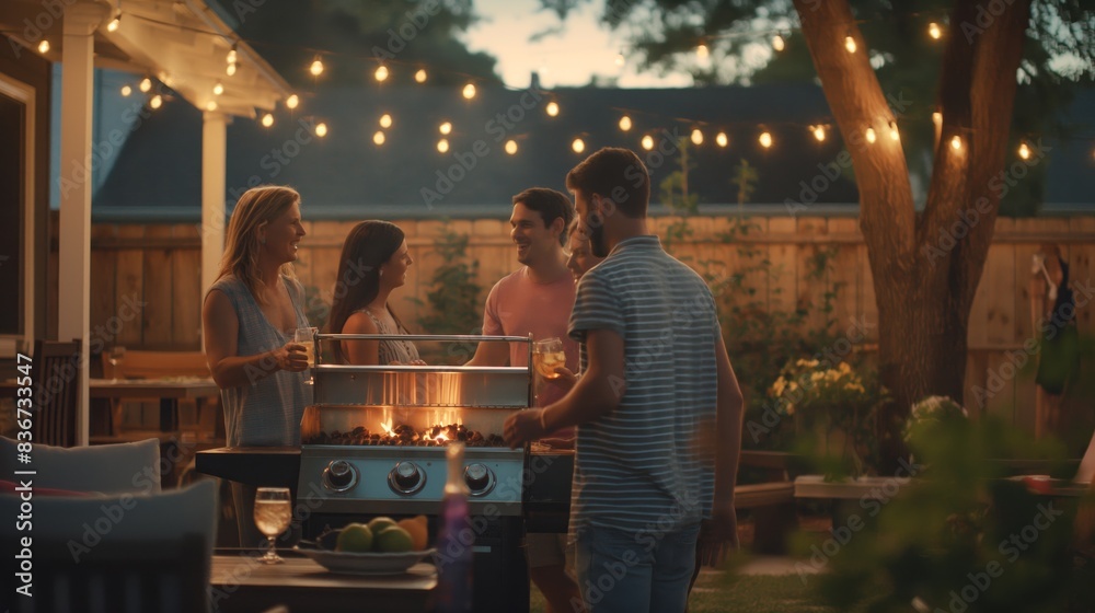 Naklejka premium A group of people are gathered around a grill, enjoying a summer evening