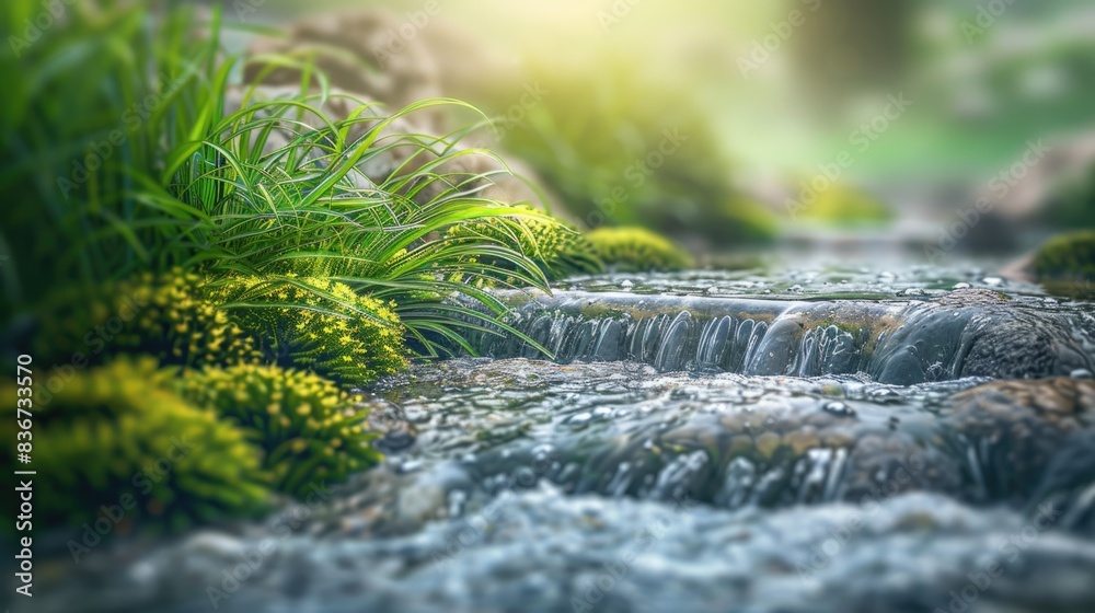 Beautiful spring detailed close up stream of fresh water with young green plants. Horizontal banner, springtime concept. Abstract outdoor wild nature background Beautiful spring detailed close up stream of fresh water with young green plants. Horizontal banner, springtime concept. Abstract outdoor wild nature background