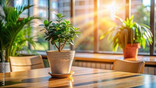 Potted plant sitting on a table in sunlight