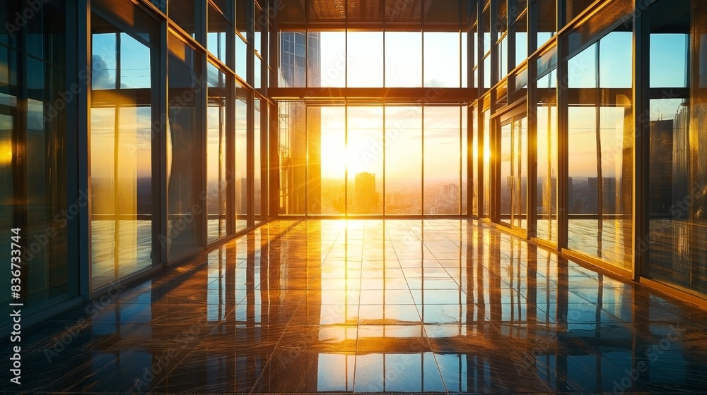Modern empty office space with large glass windows reflecting a vibrant sunset, offering a panoramic city view.