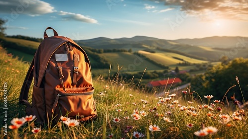 A backpack mockup lying on a grassy hillside, with rolling hills and a setting sun in the background   photo