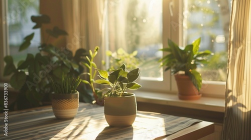 Close up of dining table near window and green plants in pots, home interior,