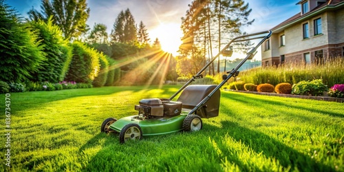 Freshly mowed green lawn by a contemporary lawn mower under the sun photo