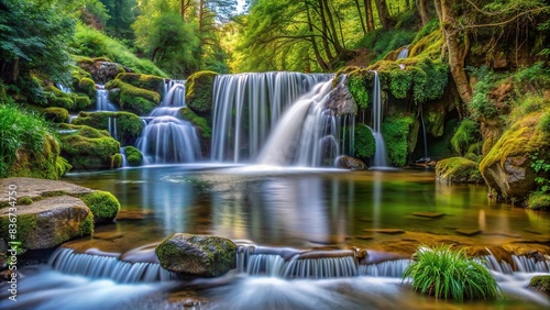 image of a serene eddy featuring a small waterfall in a peaceful setting