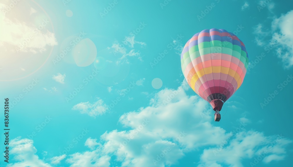 Naklejka premium Vibrant Hot Air Balloon Soaring Through a Sunny Sky