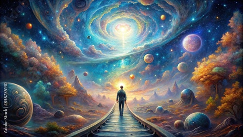 Surreal painting of a mystical journey through the universe photo