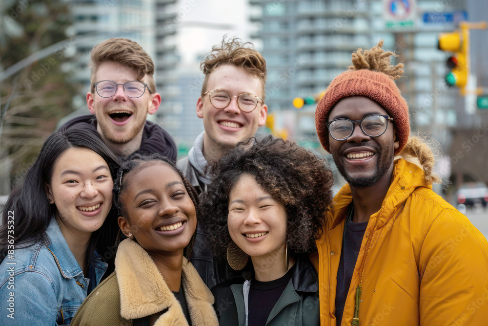 Joyful Group of Diverse Friends Smiling in Urban Setting with Cityscape Background Joyful Group of Diverse Friends Smiling in Urban Setting with Cityscape Background