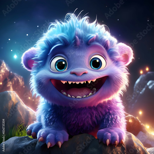 3d digital render of an adorable rotund baby monster giggling with wide glittering eyes brimmed