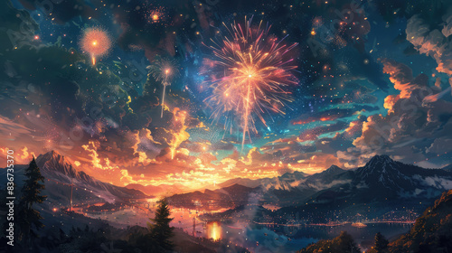 Wallpaper Mural Spectacular fireworks lighting up a beautiful mountain landscape at dusk, creating a magical and vibrant display against the twilight sky. Torontodigital.ca