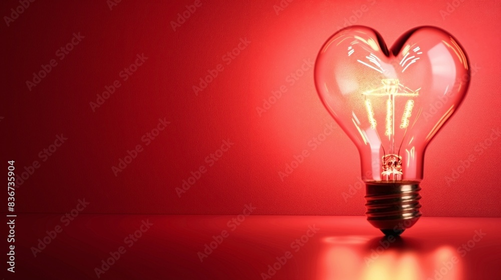 Heart-shaped light bulb glowing on a red background, symbolizing love and creativity. Heart-shaped light bulb glowing on a red background, symbolizing love and creativity.