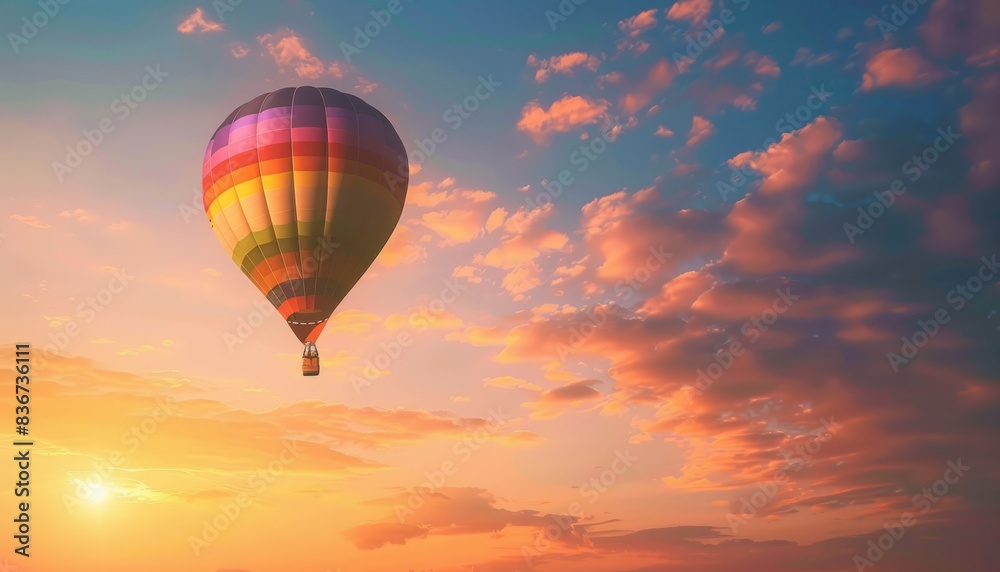 Fototapeta premium Vibrant Sunrise Flight: A Colorful Hot Air Balloon Journey