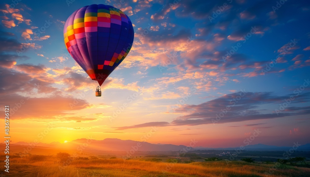 Obraz premium Vibrant Sunrise Voyage: A Colorful Hot Air Balloon Adventure