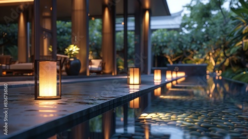 Wallpaper Mural Beautiful poolside view with lanterns and evening ambiance in a modern setting Torontodigital.ca