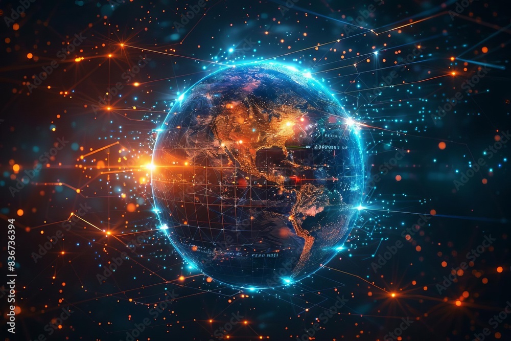 Obraz premium A vibrant, digital depiction of Earth glowing with data streams and technological connections, symbolizing global communication and network interconnectivity.