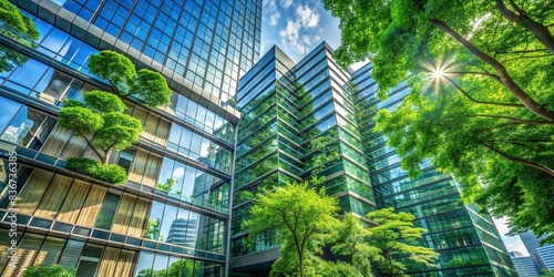 Urban landscape showcasing a green environment with tree branches and a glass building designed to reduce heat and carbon dioxide