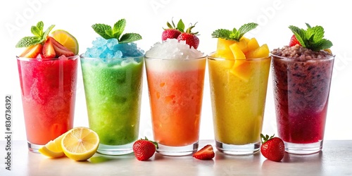 Colorful summer slushies of various flavors on a white background photo