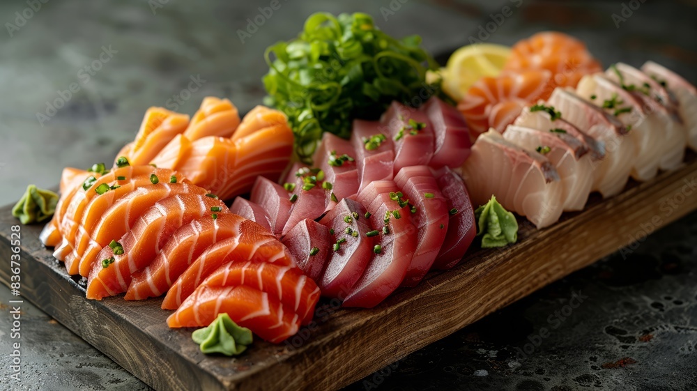 Assorted sashimi platter with fresh seafood and garnish Assorted sashimi platter with fresh seafood and garnish