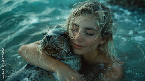 A woman embraces a seal in the ocean, showing a heartfelt connection with nature and wildlife. The serene water adds to the tranquil scene.