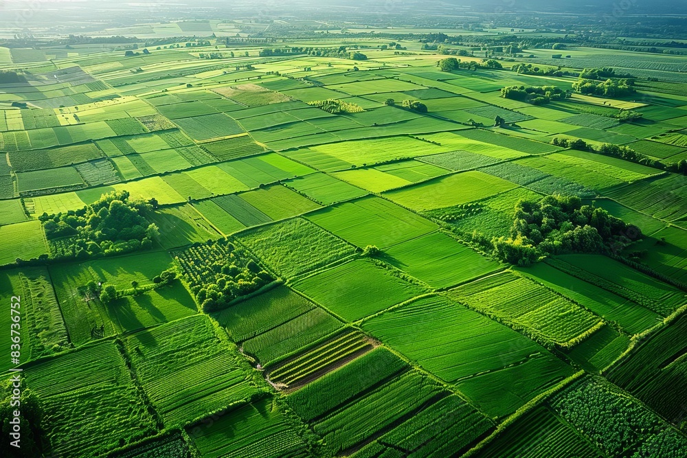 Fototapeta premium Aerial view of green agricultural fields in a patchwork pattern, Nature, Green Tones, HighResolution