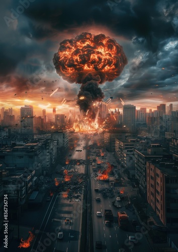 Un paysage urbain illustrant la destruction dans un monde post-apocalyptique, champignon atomique en arrière-plan. photo