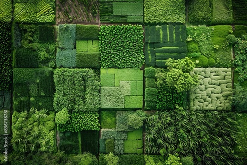 Aerial view of green agricultural fields in a patchwork pattern, Nature, Green Tones, HighResolution