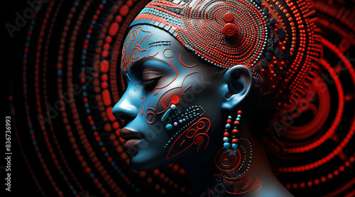 Illustration numérique d'une jeune femme africaine avec un maquillage rouge et bleu, coiffe colorée et spirales en arrière-plan. photo