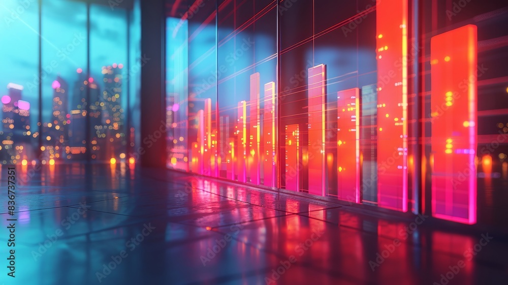 Colorful bar chart in neon lighting with a futuristic city backdrop Colorful bar chart in neon lighting with a futuristic city backdrop