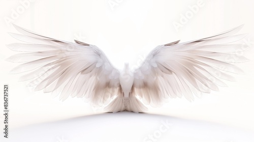 White dove with fully spread wings viewed from the back, symbolizing peace and freedom. photo