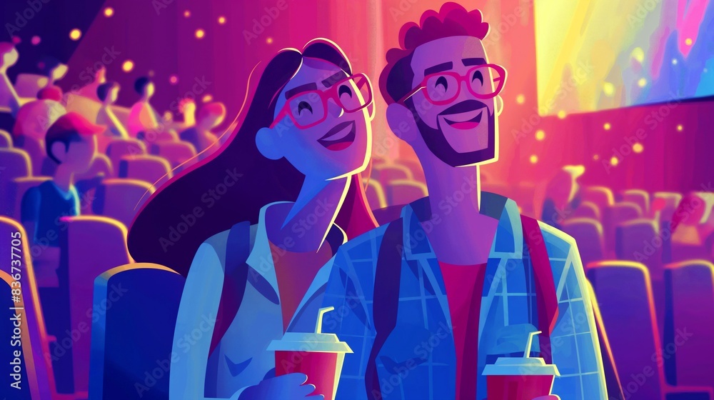 Colorful illustration of a happy couple at the cinema, enjoying soft drinks while watching a movie in a theater filled with people. Colorful illustration of a happy couple at the cinema, enjoying soft drinks while watching a movie in a theater filled with people.