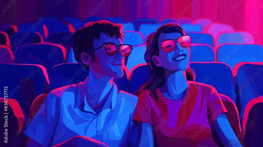 Digital art of two people wearing  glasses and smiling while sitting in a movie theater with colorful neon lights.
