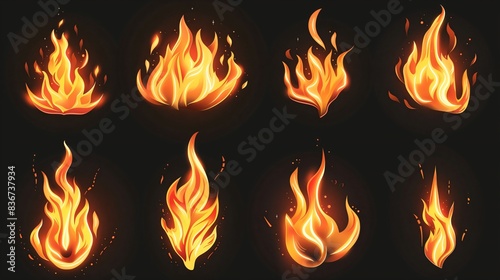 Set of vector realistic fire flames on black background