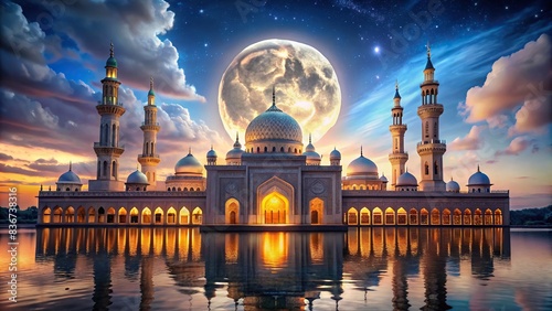 Beautiful mosque with a full moon background during Ramadan Kareem celebration, Ramadan, Kareem, Islamic, celebration, mosque, full moon, background, night, peaceful, spiritual, religious photo