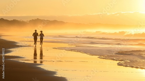Two people jogging along waterline on the beach at sunrise 