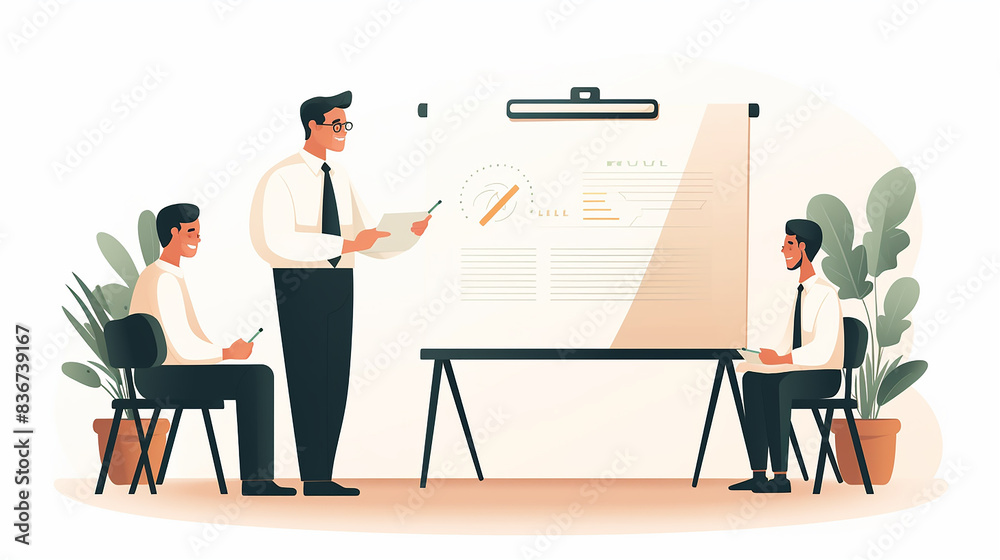 Fototapeta premium Dynamic Business Presentation: Businessman Pitching Ideas to Team in Vector Illustration.