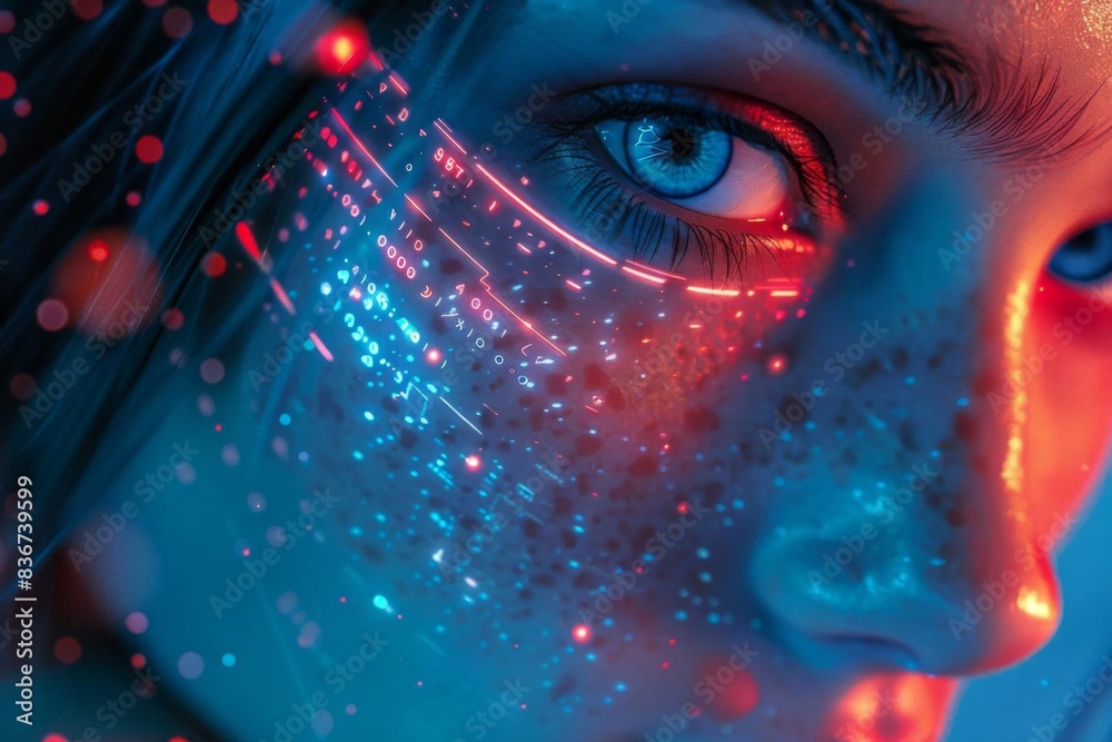 Womans face with digital data overlays and glowing elements, Futuristic, Blue and Red, HighResolution Womans face with digital data overlays and glowing elements, Futuristic, Blue and Red, HighResolution