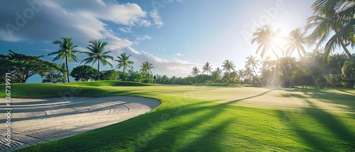 Tropical golf course with palm trees and sand 